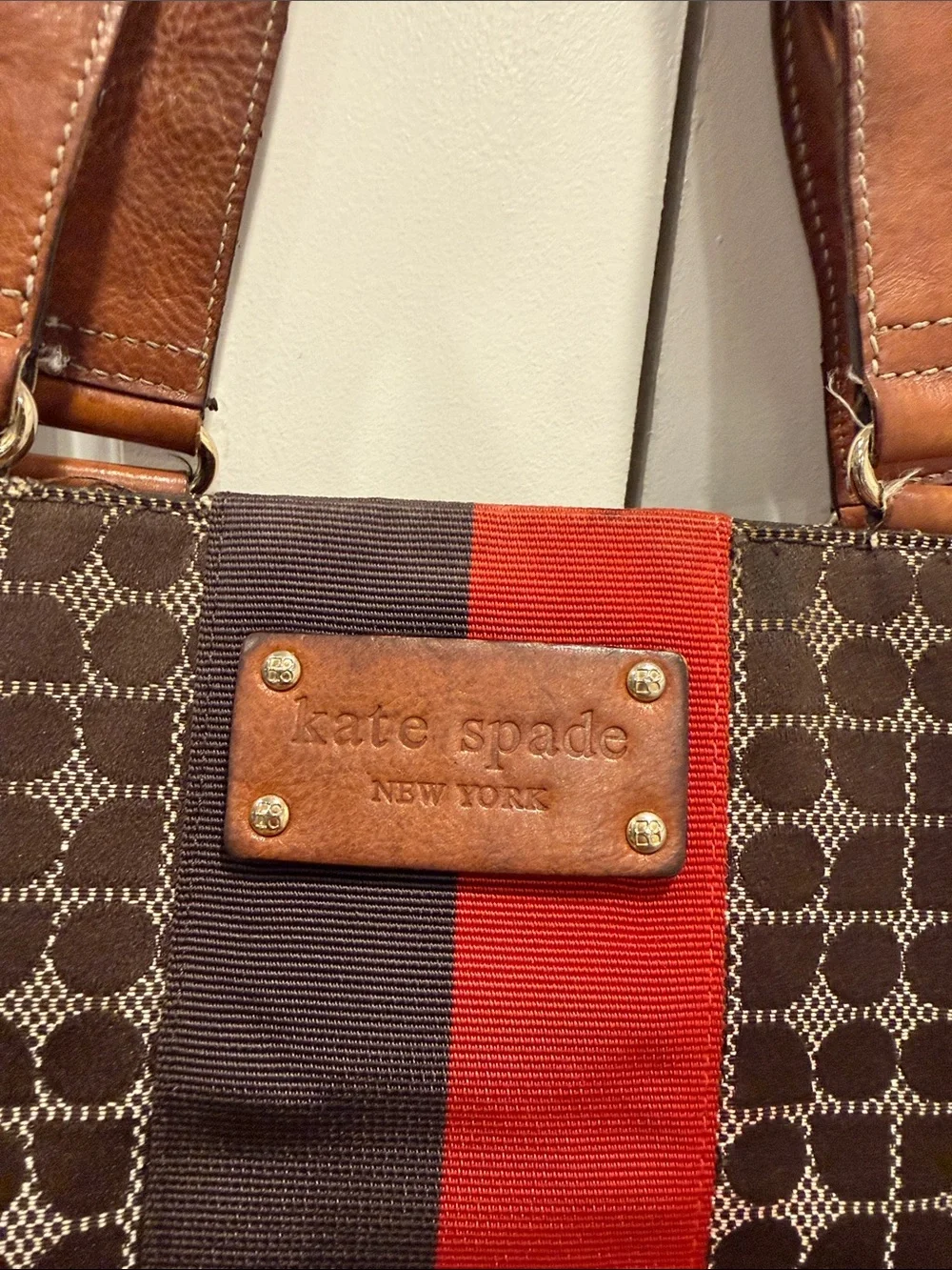 kate spade Brown Canvas Tote with Red & Black Center Stripe